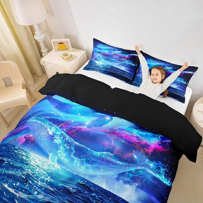 Castle Fairy Sea Whale Bedding Sets King Size, Blue Ocean Creatures and Galaxy Space Starry Shiny Mysterious Nebula Duvet Cover with 2 Pillowcases, Polyester Soft Comforter Cover for Adult