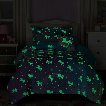 Twin Comforter Set for Girls-3 Pieces Unicorn Glow in The Dark Twin Bedding Sets for Kids,1 Comforter,1 Sham and 1 Decor Pillow