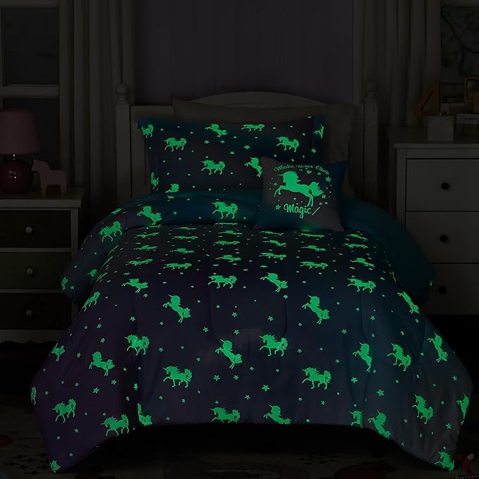 Full Size Comforter Set for Girls-4 Pieces Unicorn Glow in The Dark Full Bedding Sets for Kids, 1 Comforter, 2 Shams and 1 Decor Pillow