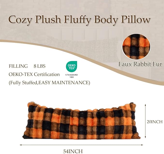 Luxury Shaggy Faux Fur Body Pillow,Soft Decorative Plush Full Long Pillow,Fuzzy Hug Pillow for Home Living Room Side Sleeper & Pregnancy 20"x54" Orange-Black Grid Print