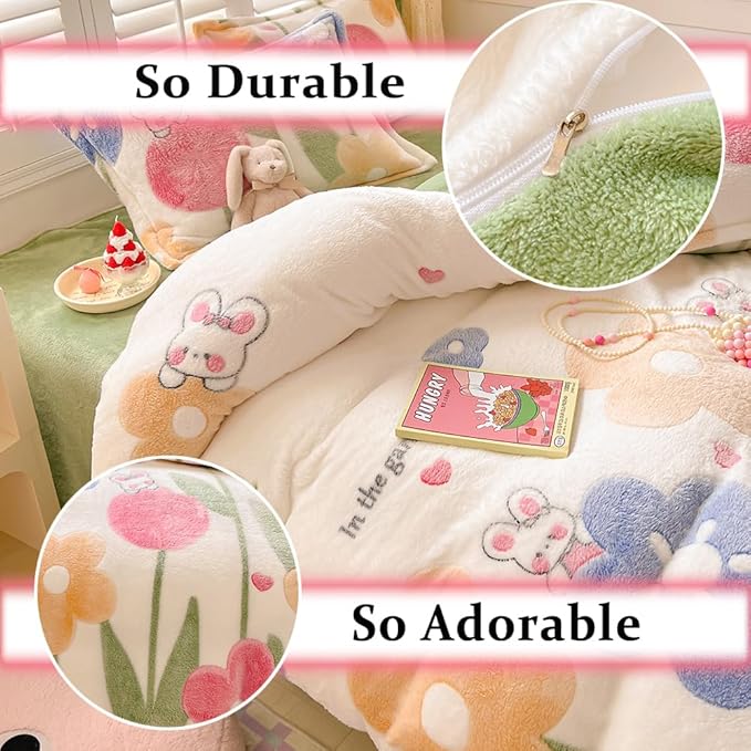 Floral Kids Duvet Cover Set Queen Cute Kawaii Bedding Set Avocado Green Snowflake Fluffy Comforter Cover Blanket Soft Reversible Duvet Cover Room Decor (Flowers,Queen)