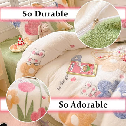 Floral Kids Duvet Cover Set Queen Cute Kawaii Bedding Set Avocado Green Snowflake Fluffy Comforter Cover Blanket Soft Reversible Duvet Cover Room Decor (Flowers,Queen)