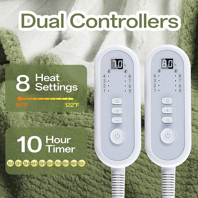 Queen Size Heated Electric Blanket, 84" x 90" Fast Heating Sherpa Blanket with Dual Control, 8 Heating Levels & 10 Hours Auto Off, Machine Washable with ETL & FCC Certified, Green