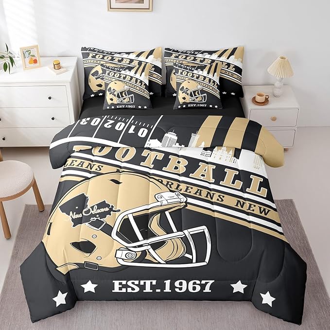 Erosebridal Sports City Comforter Set Full, Gridiron Seasonal Color Bedding Sets Football Lovers Kids Rugby Comforter + Flat Sheet + Fitted Sheet + 2 Pillowcases + 2 Throw Pillow Covers