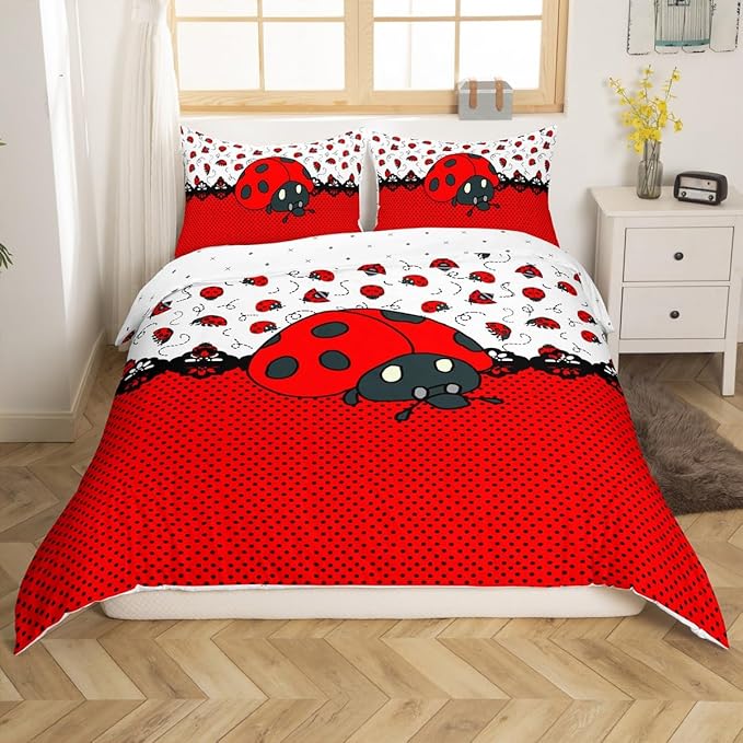 Cute Ladybugs Duvet Cover Set Full Size,Red Black Entomology Dots Bedding Set 3pcs for Kids Girls Women Room Decor,Cartoon Animals Comforter Cover Vivid Natural Quilt Cover,2 Pillowcases