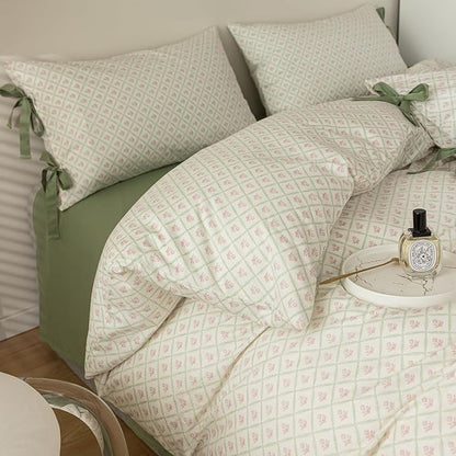 AOJIM Exquisite Kids Adults Duvet Cover Set with Plaid and Pink Floral Pattern, 100% Cotton Bedding Comforter Cover 3pcs, 1 Twin Size Quilt Cover 68x86 and 2 Pillowcases 20x26 with Bow Ties,No Quilt
