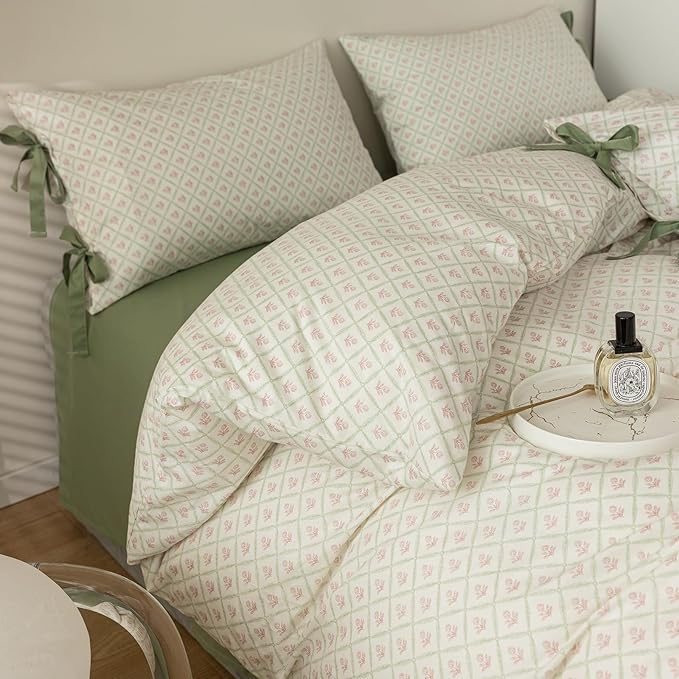AOJIM Exquisite Pink Printed Duvet Cover Queen Size with Plaid Design, Pure Cotton Kids Adults Comforter Cover Set 3pcs for Room Decor, 1 Soft Quilt Cover and 2 Pillowcases with Bow Ties, No Comforter