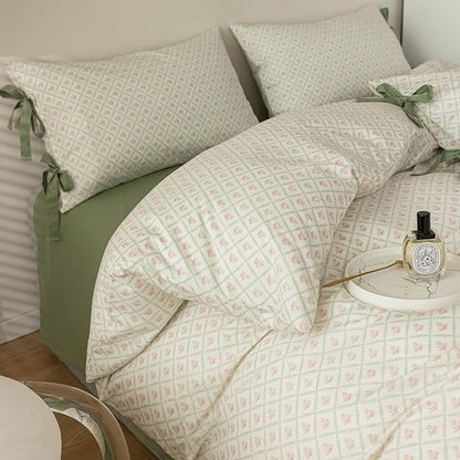 AOJIM Exquisite Pink Printed Duvet Cover Queen Size with Plaid Design, Pure Cotton Kids Adults Comforter Cover Set 3pcs for Room Decor, 1 Soft Quilt Cover and 2 Pillowcases with Bow Ties, No Comforter