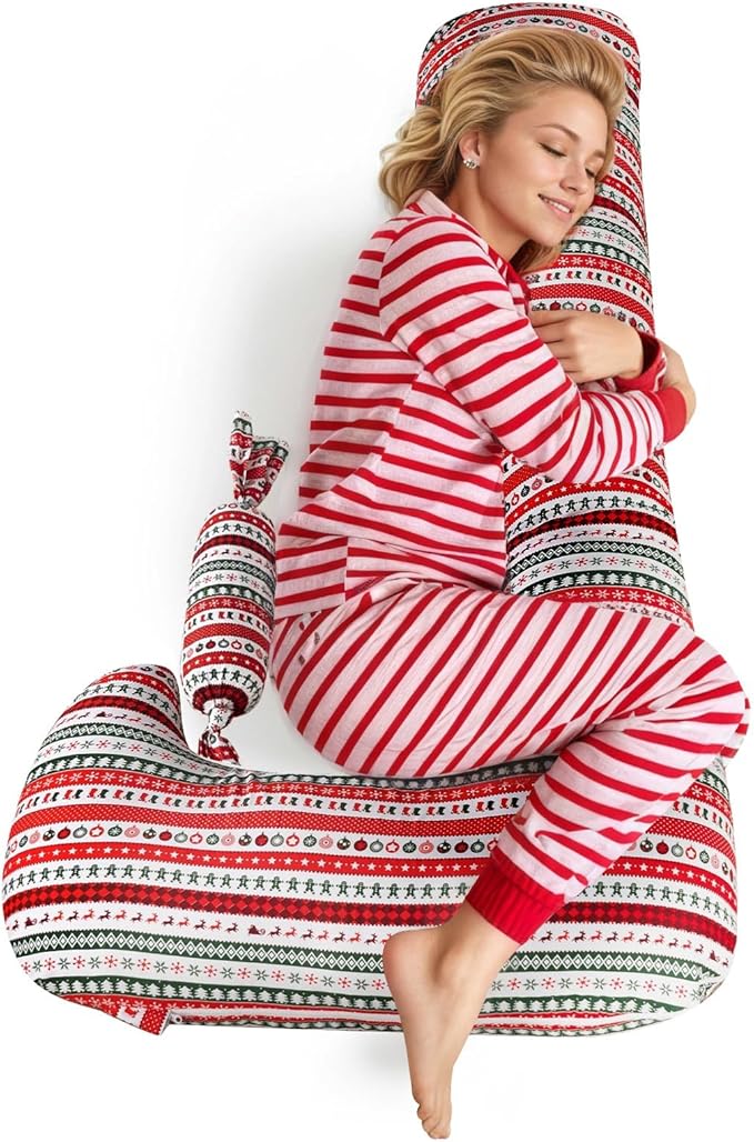 Long Body Pillow with Mini Candy Pillow - Full Size Hugging & Cuddle Bolster, Removable Red Christmas Print Cover, Adjustable Firmness, Machine Washable- for Adults, Kids, Pregnancy Support