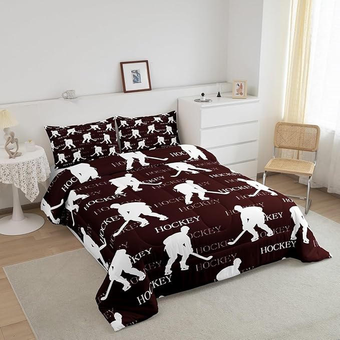 Castle Fairy Ice Hockey Full Size Comforter Set,Red Brown Hockey Player Bedding Set for Adults Teens,Children Winter Sports Comforter Luxury Hockey Sports Event Quilt Set Room Decor 3Pcs
