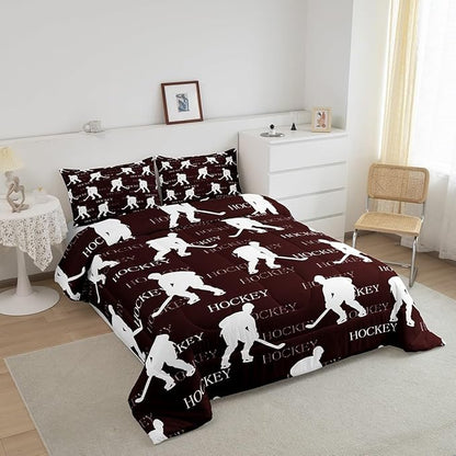 Hockey Sports Event King Size Comforter Set,Kids Red Brown Hockey Player Decor All Season Bedding Set,Teens Sports Game Comforter,Hockey Lover Decor Quilt Set Bedroom Collection 3Pcs