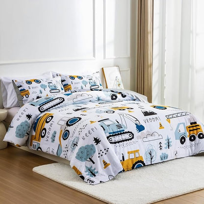 NTBED Construction Truck Twin Comforter Set for Boys Kids Forest Vehicles Excavator Lightweight Microfiber Bedding Sets