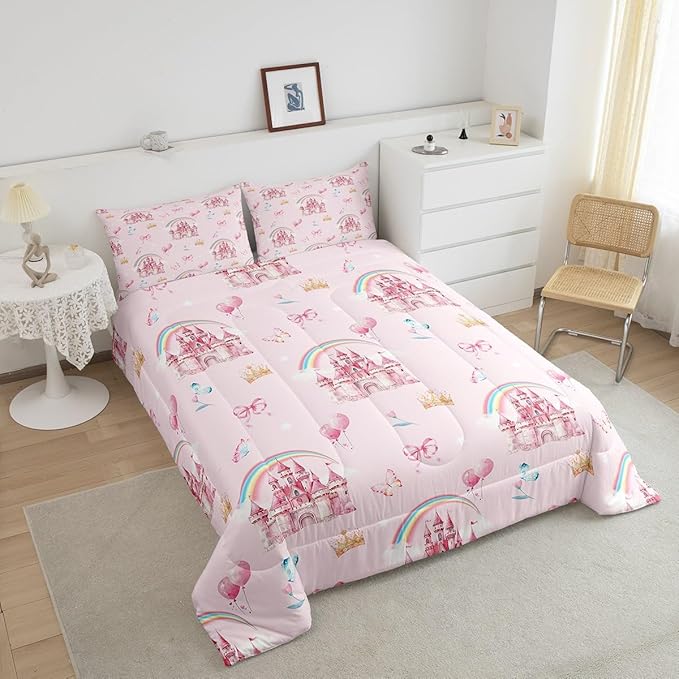jejeloiu Pink Castle Bedding Set Full Size Cute Rainbow Comforter Set for Kids Adult Boys Girls Butterfly Crown Duvet Set Balloon Quilt Set 3Pcs