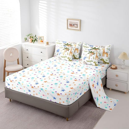 Feelyou Kids Zoo Animals 7 Piece Bedding Set Cute Giraffe Monkey Elephant Comforter Set with Sheets for Kids Boys Girls Plants Printed Bed in a Bag Animal Theme Bed Set Soft Lightweight