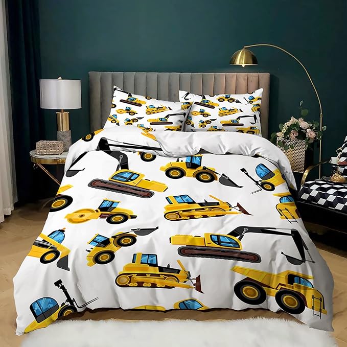 CVHOUSE Tractor Bedding Full Size,Excavator Truck Tractor Bedding Set for Boys Kids Teens,Tractor Comforter Set Cover Soft,1 Duvet Cover 2 Pillowcases 3 Piece,Boys Room Decor