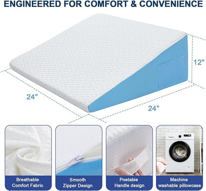 Wedge Pillow for Sleeping, 12" Bed Wedge After Surgery, Back Pain Relief, Memory Foam Pillow Triangle Incline Wedge for Back Support, Leg Elevation