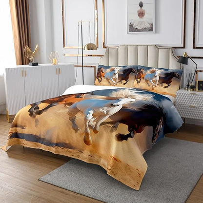 Erosebridal Queen Size Bedding Set, Galloping Horse Bedspread for Teen Adult Youth Child, Wild Animal Quilted Cowboy Theme White Brown Maroon Horse Decor Coverlet Set 3 Pcs