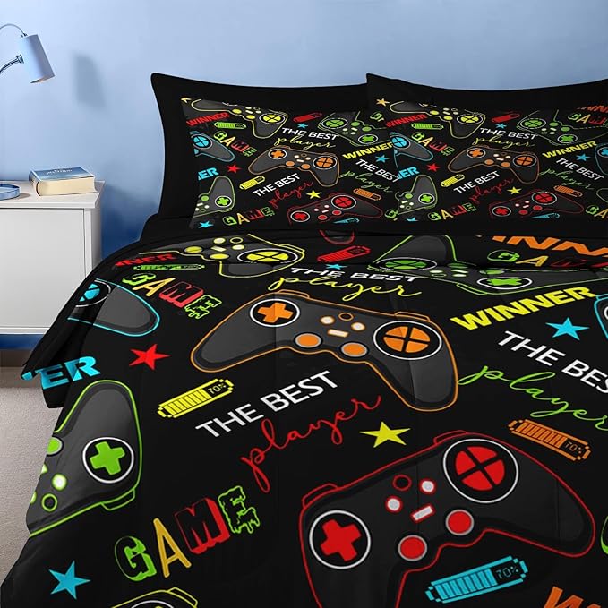 Nesker 7 Pcs Comforter Set Full Size, Colorful Bedding for Kids Teen, Game Gamepad Gaming with Fitted Sheet 2 Pillowcases & 2 Shams for Bedroom Bed Decor