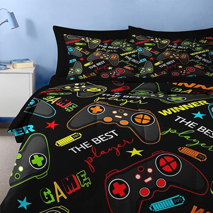 Nesker 7 Pcs Comforter Set Full Size, Colorful Bedding for Kids Teen, Game Gamepad Gaming with Fitted Sheet 2 Pillowcases & 2 Shams for Bedroom Bed Decor