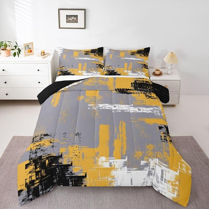 Feelyou Abstract Bedding Set Kids Modern Abstract Art Comforter Set Yellow Grey Black Comforter for Boys Room Decor Lightweight Retro Duvet Set King Size with 2 Pillow Case