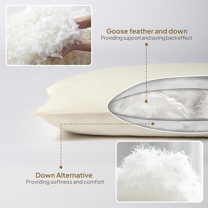 Goose Down Body Pillows for Adults, Large Body Pillow for Side Sleeper, Cooling Hugging Feather Body Pillow Insert, 20x54 Full Length Long Pillow for Bed with 100% Organic Cotton Shell, Off-White