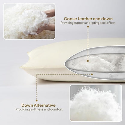 Goose Down Body Pillows for Adults, Large Body Pillow for Side Sleeper, Hugging Feather Body Pillow Insert, Cooling Full Length Long Pillow for Bed with 100% Organic Cotton Shell, Off-White 20" x 60"