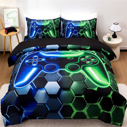 NTBED 3D Gaming Comforter Set for Boys Kids Teens,5pcs Gamer Bedding Sets with Sheet,Game Console Bed in a Bag (Blue Green, Full)