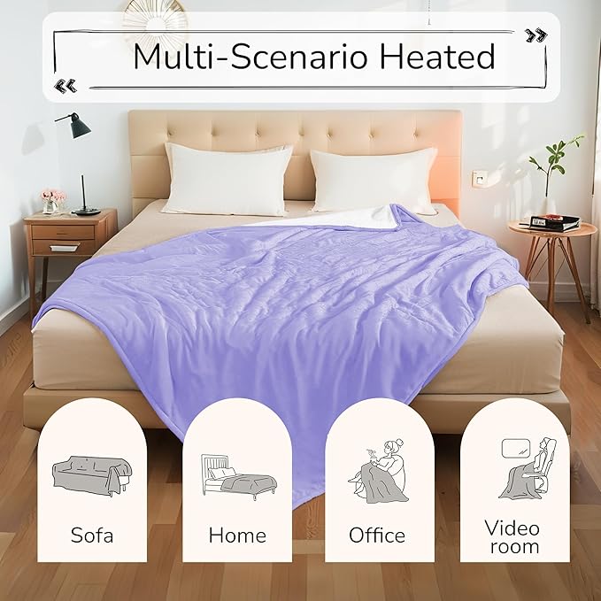 Electric Heated Blanket King Size 90"x100" - Dual-Sided with Microplush & Sherpa Fabric, 4 Heat Settings & 10 Hours Auto Off, Dual Controller, Machine Washable - Light Purple