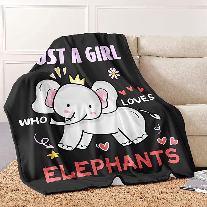 Elephant Lover Blanket, Just A Girl Who Loves Elephants Blanket, Soft Warm Cozy Fleece Throw, Gifts for Girls Women Kids, 60"x80", Black