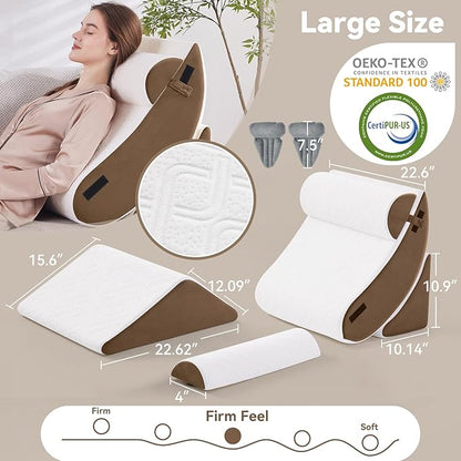 Wedge Pillow Set for After Surgery, 5 PCS Bed Wedge Pillow for Sleeping, Memory Foam Orthopedic Back Adjustable Pillow for Pain Relief and Acid Reflux with 2 PCS Axilla Pillow Brown