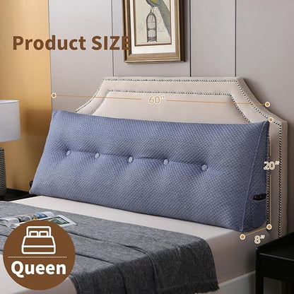 Wedge Headboard Pillow for Bed, Queen Dorm Headboard Pillow Support for Sitting Up, Reading, Relaxing, Bolster Pillow with Removable Washable Cover, Blue