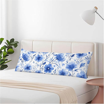 Body Pillowcases with Zipper Floral Blue Cozy Body Pillow Covers Cushion Cover 20 X 54 Inches, Abstract Flowers Peony Outdoor Body Pillow Pillowcase for Home Bedroom Couch Sofa