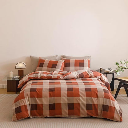 Wellboo Red Plaid Comforter Sets Queen Size Taupe and Orange Grid Bedding Comforters Modern Minimalist Checkered Quilt Blankets Women Men Beige Checkerboard Bedding Soft Luxurious Brown Geometric Bed