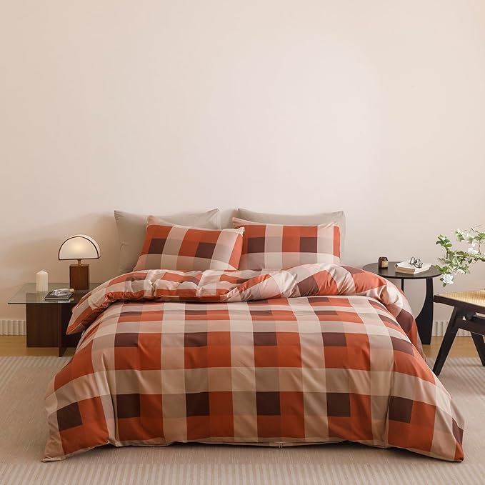 Wellboo Red Plaid Comforter Sets King Size Taupe and Orange Grid Bedding Comforters Modern Minimalist Checkered Quilt Blankets Women Men Beige Checkerboard Bedding Soft Luxurious Brown Geometric Bed