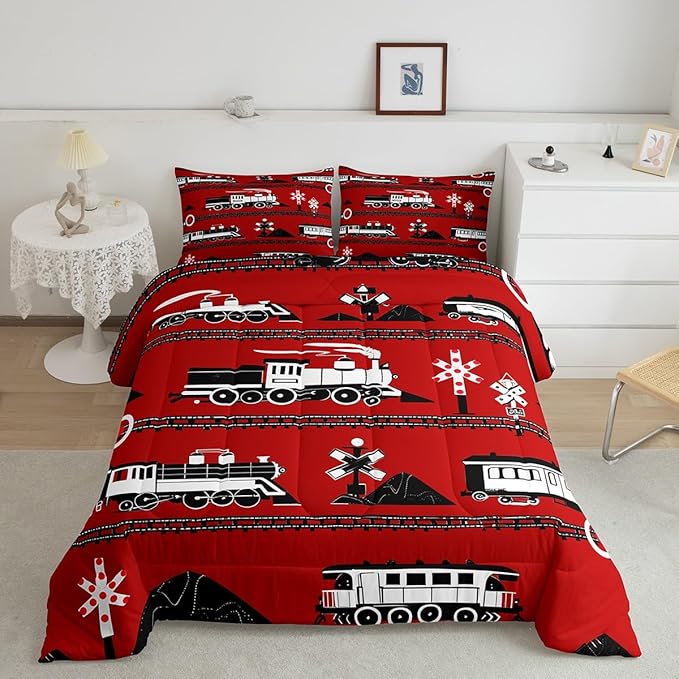 Erosebridal Boys Train King Comforter Set Cartoon Car Toddler Bedding, Traffic Transportation Track Comforter for Kids Teens Vintage Steam Engine Railway Decor Quilt Set Room 3Pcs, Red White Black