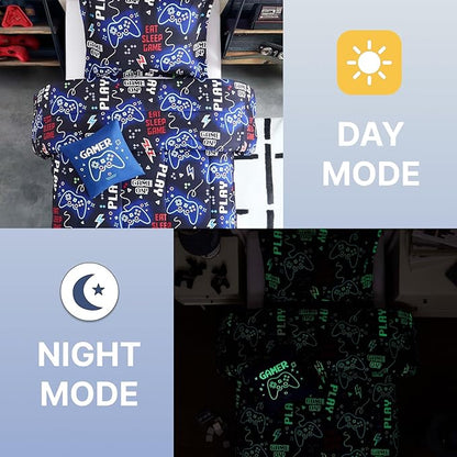 Full Size Comforter Set for Boys-4 Pieces Gamer Glow in The Dark Full Bedding Sets for Kids, 1 Comforter, 2 Shams and 1 Decor Pillow