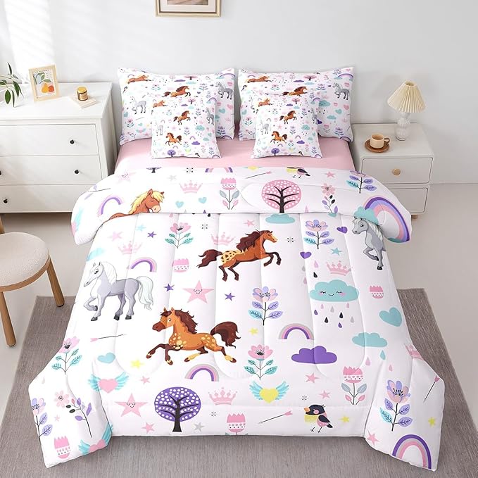 Erosebridal King Bed in a Bag Floral Horse Comforter Set with Sheets 7Pieces All Season Cartoon Zoo Animal Bedding Sets with Comforter, Cushion Covers, Flat Sheet, Fitted Sheet and Pillowcase