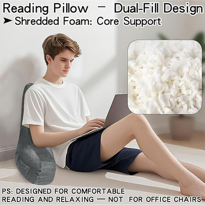 RRPAHWTV Reading Pillow for Bed with High Arm Rests,Back Support Pillow for Sitting Up in Bed with Shredded Memory Foam for Reading, TV, Gaming or Relaxing on Floor（Grey，Small）