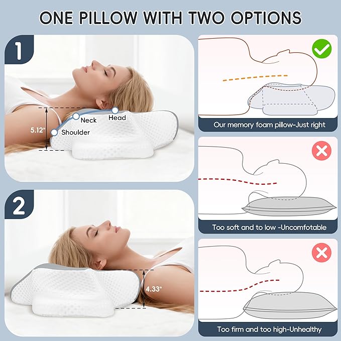 Cervical Neck Pillow for Pain Relief, Ergonomic Contour Pillow for Sleeping, 2 Heights Cooling Pillow for Neck and Shoulder Support, Memory Foam Orthopedic Pillow for Side Back Stomach Sleepers