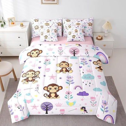 Erosebridal Twin Comforter Set 7 Pieces,Floral Monkey Reversible Bed in a Bag Twin,Cartoon Animal Twin Bedding Set,Cute Flower Comforter, Flat Sheet, Fitted Sheet, Pillowcases, Pillow Shams