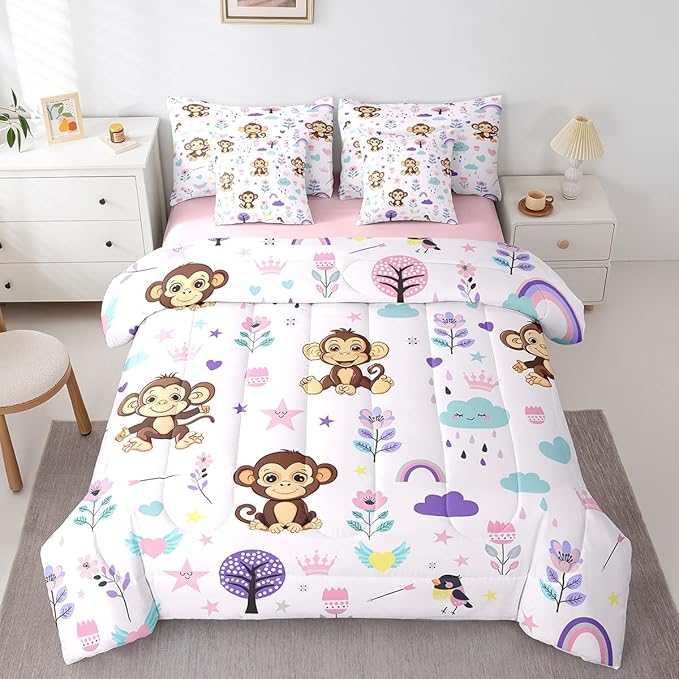 Erosebridal Full Comforter Set 7 Pieces,Floral Monkey Reversible Bed in a Bag Full,Cartoon Animal Full Bedding Set,Cute Flower Comforter, Flat Sheet, Fitted Sheet, Pillowcases, Pillow Shams