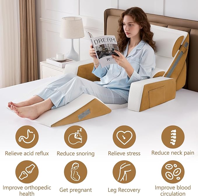 9PCS Wedge Pillow Set for After Surgery Recovery, Adjustable Memory Foam Neck Pillow, Foam Leg Pillow, Relieves Neck, Leg Pain, Sleep Apnea, and Functions as a Reading Pillow Brown