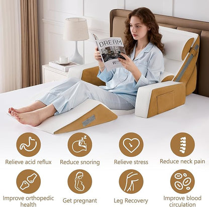 9PCS Wedge Pillow Set for After Surgery Recovery, Adjustable Memory Foam Neck Pillow, Foam Leg Pillow, Relieves Neck, Leg Pain, Sleep Apnea, and Functions as a Reading Pillow Brown