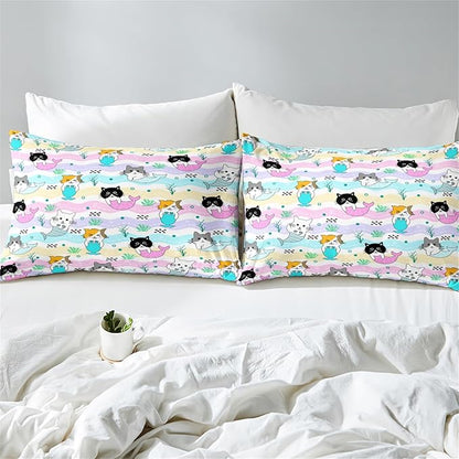 Girls Cat Bedding Set - Queen Size, 3Pcs Cute Cartoon Mermaid Tail Cat Patterns Comforter Set for Girls Boys Kids Bedroom Decor, 1 Comforter 2 Pillow Cases