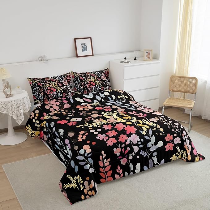 Erosebridal Cute Red Floral Comforter Set Twin for Kids Girls Women,Colorful Wild Flower Bedding Set Boho Bedroom Decor,Watercolor Flowers Quilt Bed Set Rustic Wildflower Bed Comforter Set 2Pcs