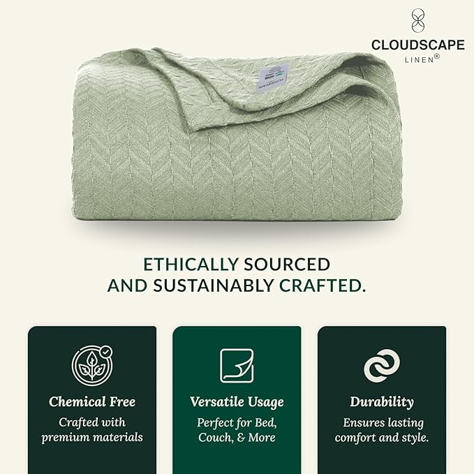 Cloud Scape Linen Herringbone Cotton Throw Blanket for Couch, Bed,Sofa, Home Decor, Soft, Heavy, All-Season, Winter Bed Blanket, Best Gift for Christmas, 50 x 70, Seafoam
