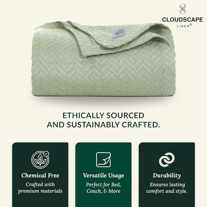 Cloud Scape Linen Herringbone Cotton Throw Blanket for Couch, Bed,Sofa, Home Decor, Soft, Heavy, All-Season, Winter Bed Blanket, Best Gift for Christmas, 50 x 70, Seafoam