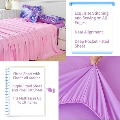 RYNGHIPY 6Pcs Girls Bedding Set Full Size Purple Rainbow Comforter Set for Kids Teens Girls Glitter Bed in a Bag Lightweight Fluffy