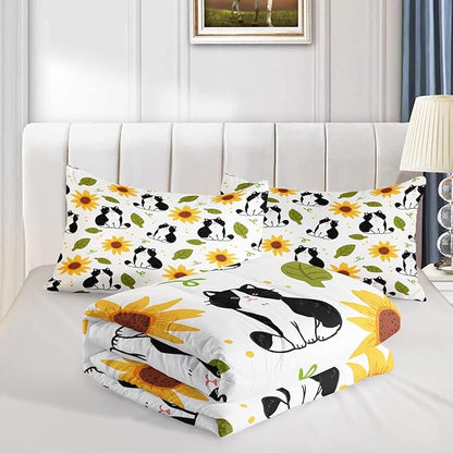 QOOMO Kawaii Cat Comforter Queen Size,Sunflower Cat Comforter Set for Kids Teens Girls Boys,3Pcs Bedding Set Printed Comforter with 2 Pillowcases,Down Alternative,Soft and Lightweight，Queen Size