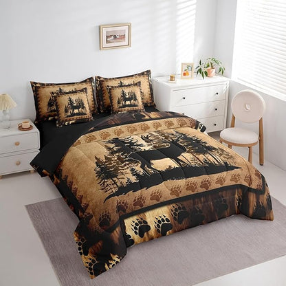 Feelyou Cute Deer Comforter Set with Sheets 7 Piece Queen Size for Girls Boys Kids Deer Hunting Bed in a Bag Room Decorative Bear Paw Print Tree Pattern Bedding Set Exotic Style Brown Bed Set